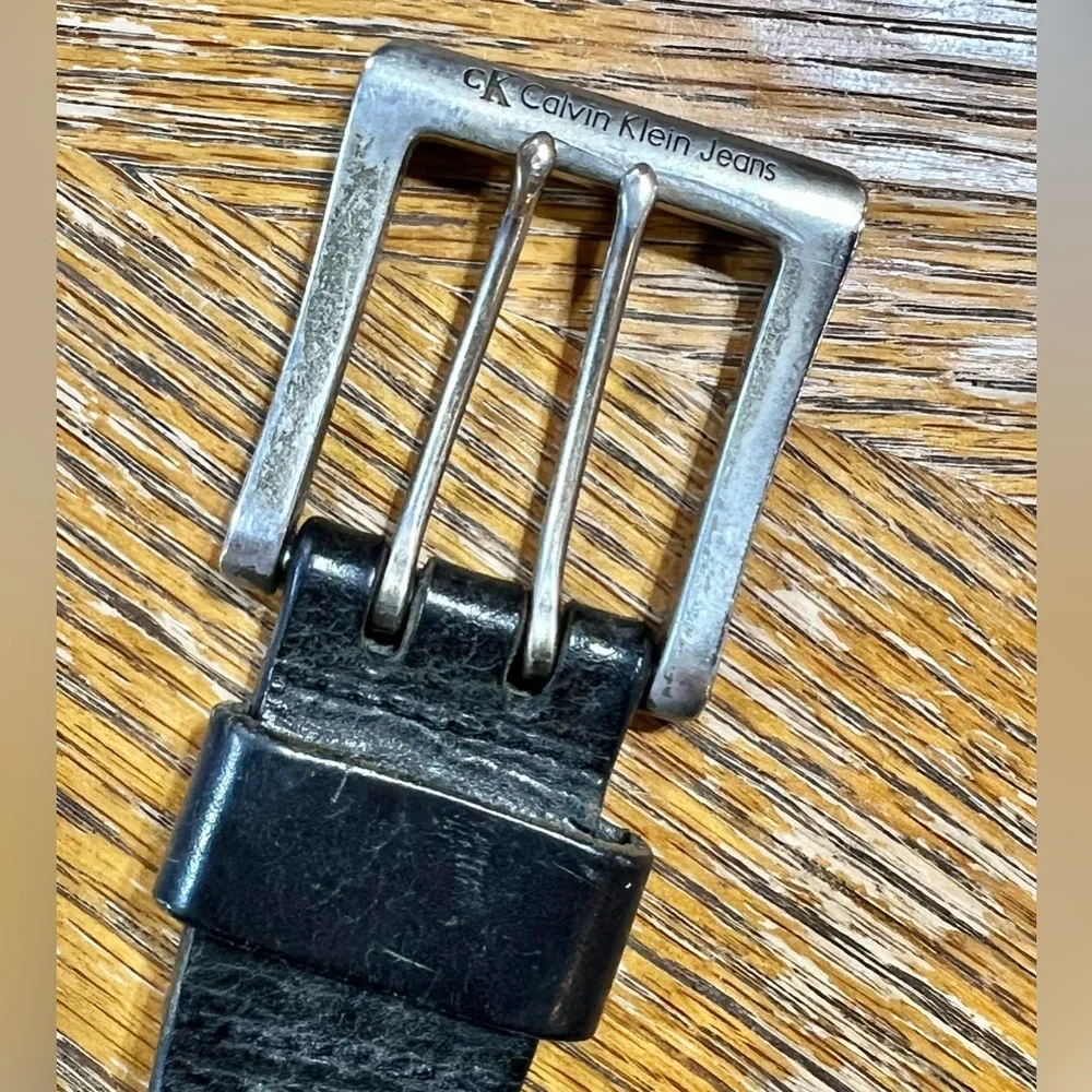 VINTAGE‎ Calvin Klein black genuine leather belt silver signature double buckle